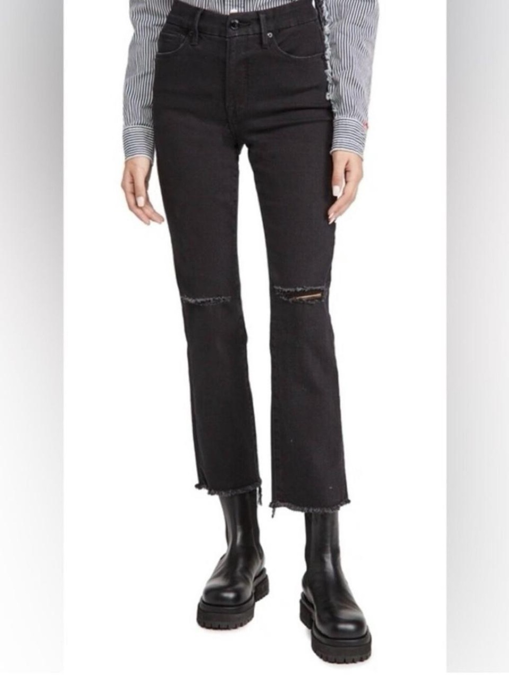 Good American Black Distressed Ankle Crop Jeans